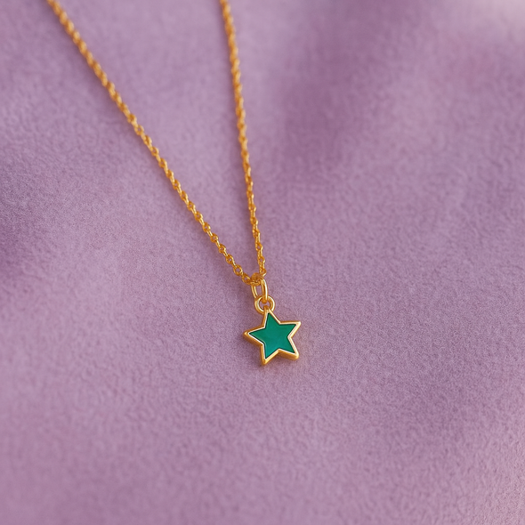 Green Star Pendant Necklace 925 Sterling Silver Yellow Plated