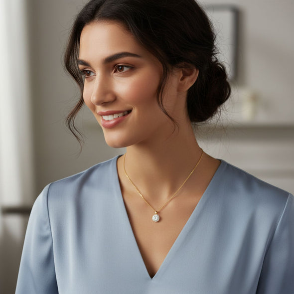 Halo Round Solitaire Necklace 925 Sterling Silver Yellow Plated