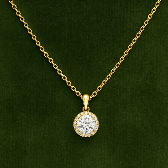 Halo Round Solitaire Necklace 925 Sterling Silver Yellow Plated
