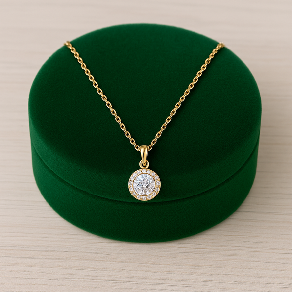 Halo Round Solitaire Necklace 925 Sterling Silver Yellow Plated