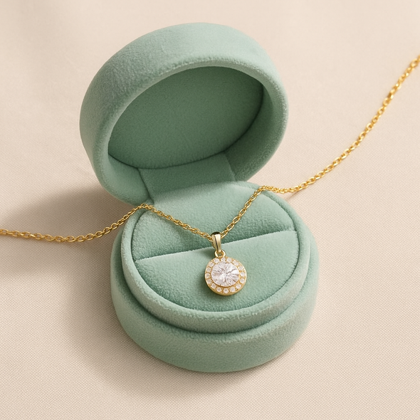 Halo Round Solitaire Necklace 925 Sterling Silver Yellow Plated