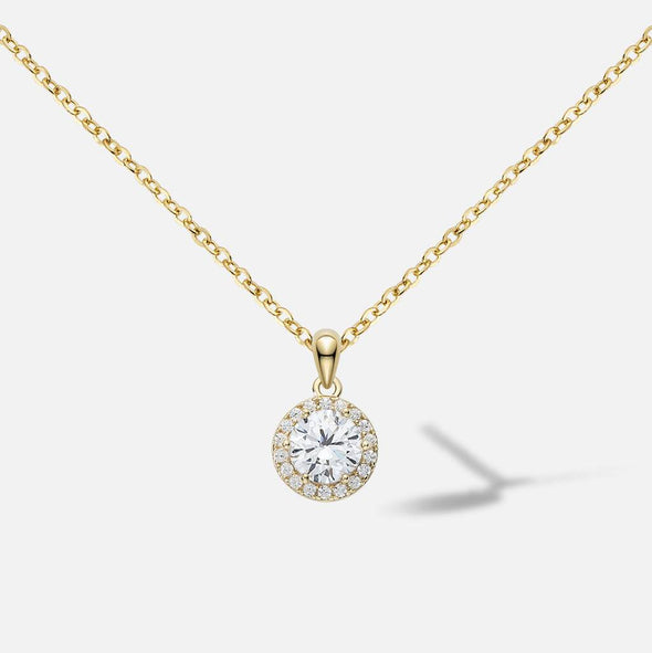 Halo Round Solitaire Necklace 925 Sterling Silver Yellow Plated