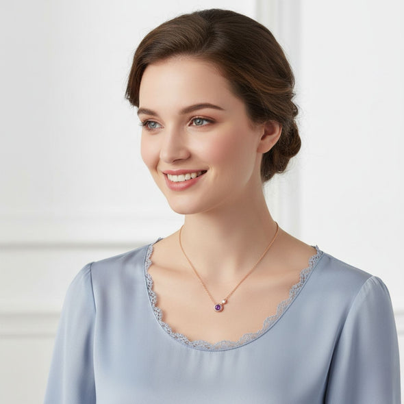 Amethyst Duo Pendant Necklace 925 Sterling Silver Rose Plated