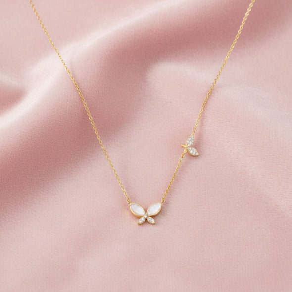 CZ Accents Pearl Butterfly Necklace925 Sterling Silver Yellow Plated