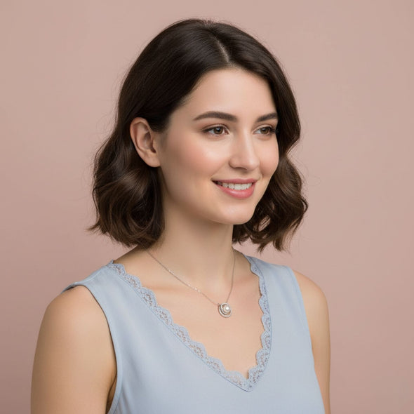 Double Halo Pearl Pendant Necklace 925 Sterling Silver