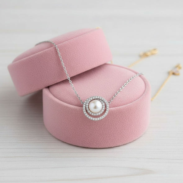 Double Halo Pearl Pendant Necklace 925 Sterling Silver