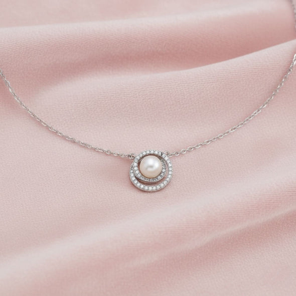 Double Halo Pearl Pendant Necklace 925 Sterling Silver