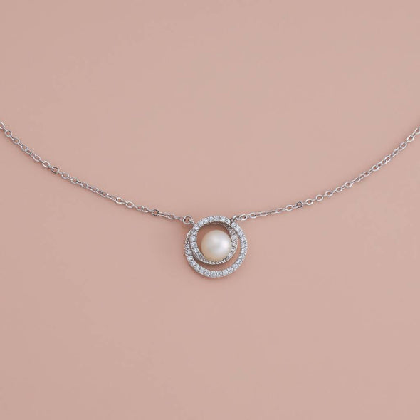 Double Halo Pearl Pendant Necklace 925 Sterling Silver