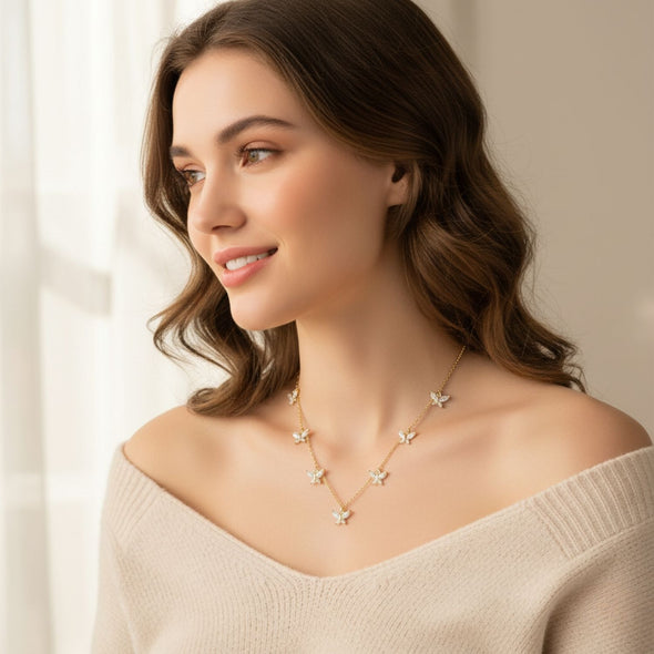 Butterfly Station Necklace 925 Sterling Silver Yellow Plated