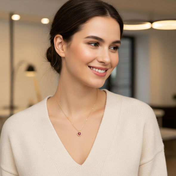 Heart-Shaped Ruby Red Pendant Necklace  925 Sterling Silver Yellow Plated