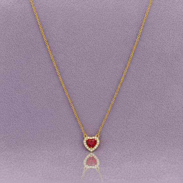Heart-Shaped Ruby Red Pendant Necklace  925 Sterling Silver Yellow Plated