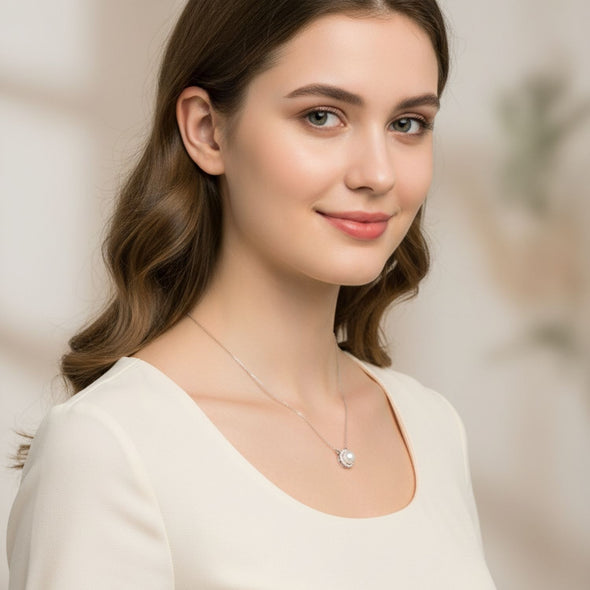 Dainty Pearl Halo Necklace in 925 Sterling Silver 925 Sterling Silver