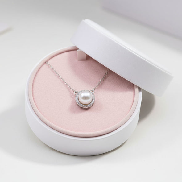 Dainty Pearl Halo Necklace in 925 Sterling Silver 925 Sterling Silver