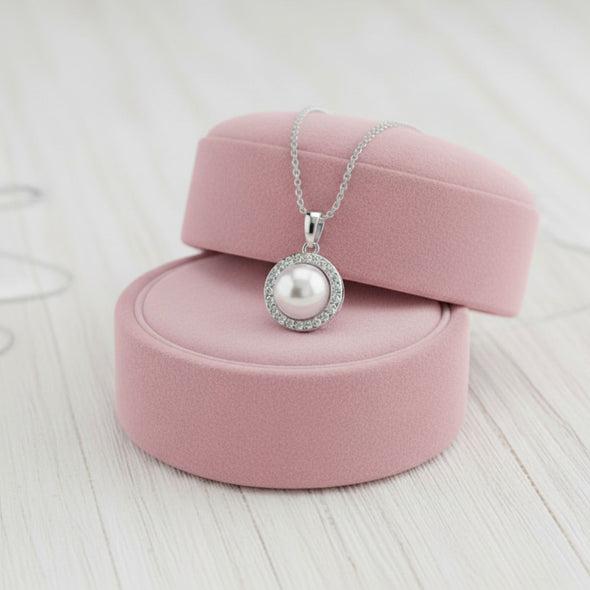 Dainty Pearl Halo Necklace in 925 Sterling Silver 925 Sterling Silver