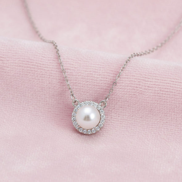 Dainty Pearl Halo Necklace in 925 Sterling Silver 925 Sterling Silver