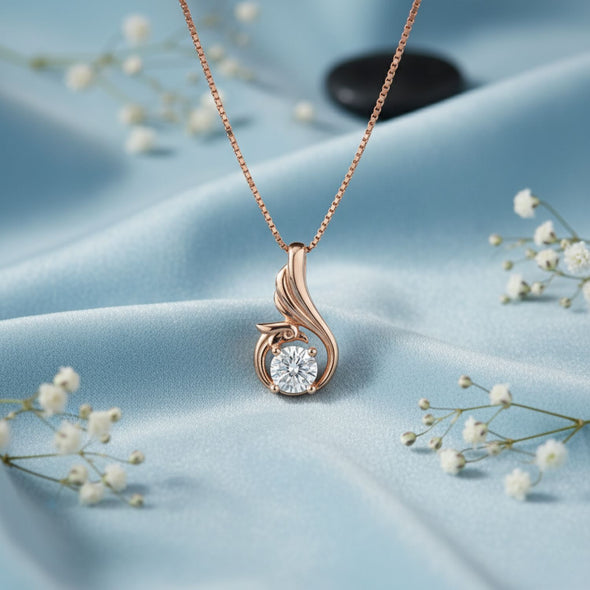 White CZ Solitaire Swirl Pendant Necklace 925 Sterling Silver Rose Plated