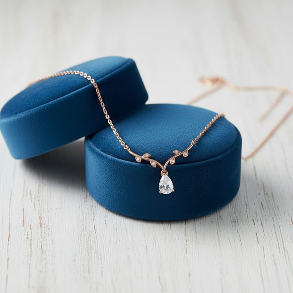 Leaf Vine Pear Drop Necklace 925 Sterling Silver Rose Gold Plated