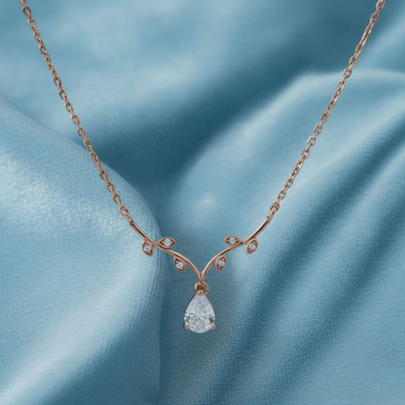 Leaf Vine Pear Drop Necklace 925 Sterling Silver Rose Gold Plated