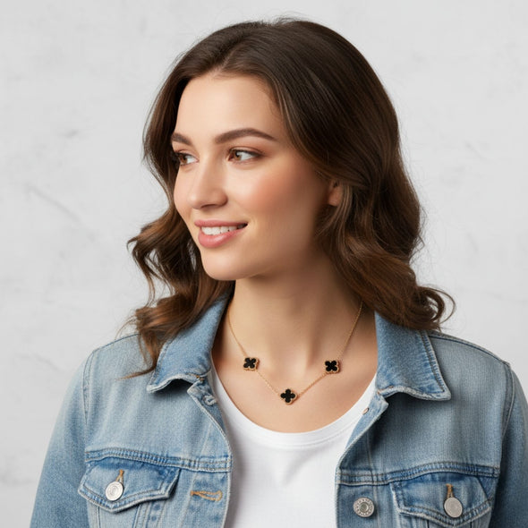 Black Clover Station Necklace 925 Sterling Silver Yellow Plated