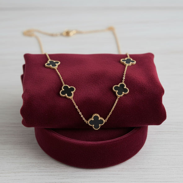 Black Clover Station Necklace 925 Sterling Silver Yellow Plated