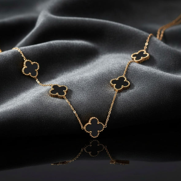 Black Clover Station Necklace 925 Sterling Silver Yellow Plated