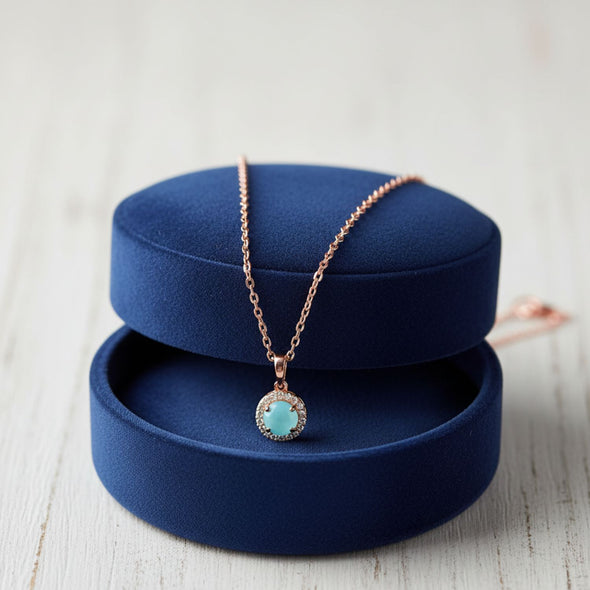 Larimar Halo Pendant Necklace 925 Sterling Silver Rose Plated