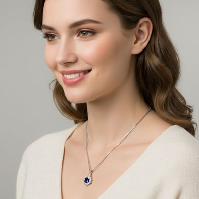 Sparkling Blue CZ Halo Pendant Necklace 925 Sterling Silver