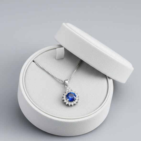 Sparkling Blue CZ Halo Pendant Necklace 925 Sterling Silver