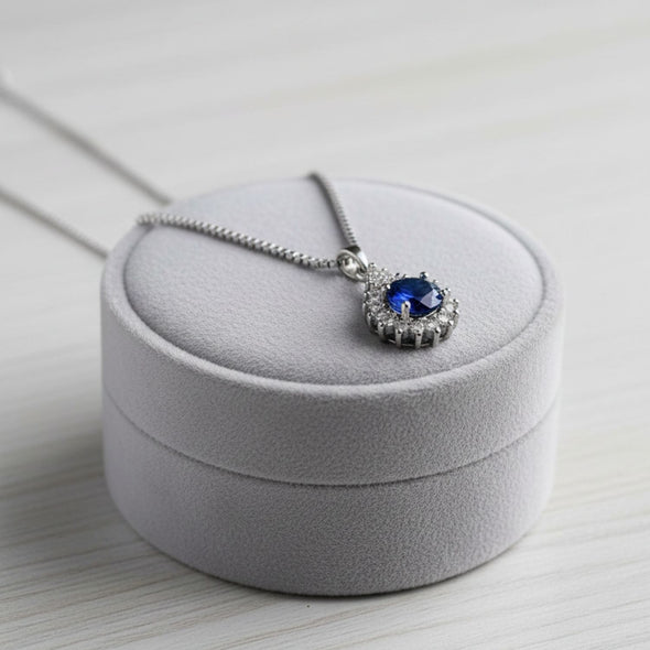 Sparkling Blue CZ Halo Pendant Necklace 925 Sterling Silver