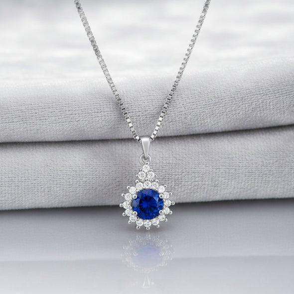 Sparkling Blue CZ Halo Pendant Necklace 925 Sterling Silver
