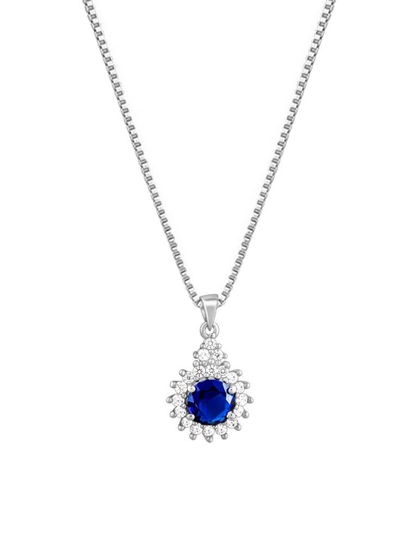 Sparkling Blue CZ Halo Pendant Necklace 925 Sterling Silver