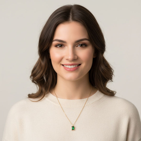 Emerald Green Princess-Cut Necklace 925 Sterling Silver Yellow Plated