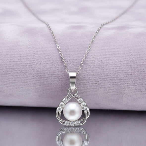 Elegant Pearl Halo Triangle Necklace 925 Sterling Silver
