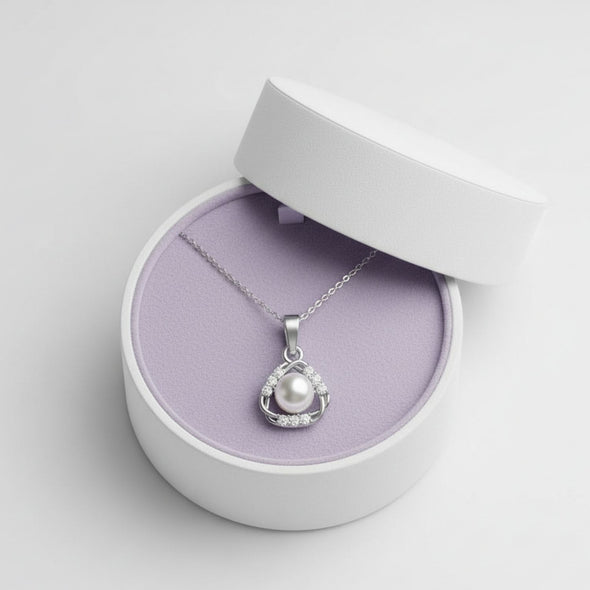 Elegant Pearl Halo Triangle Necklace 925 Sterling Silver
