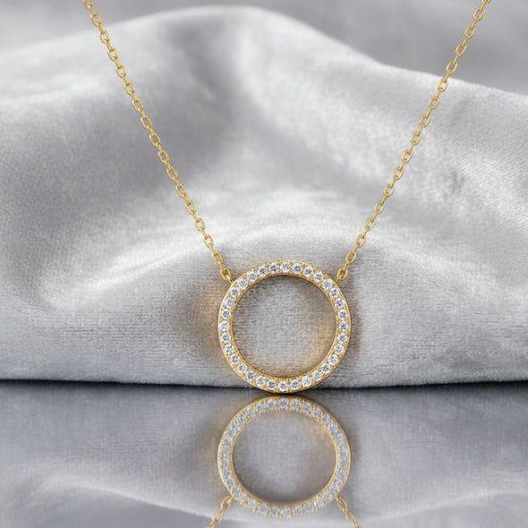 Open Circle CZ Necklace 925 Sterling Silver Yellow Gold Plated