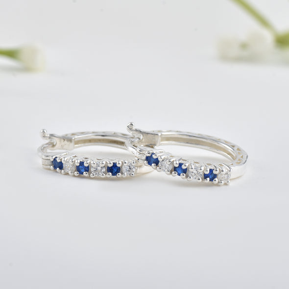 0.36 Carat Round Blue Sapphire Hoop Earrings 925 Sterling Silver