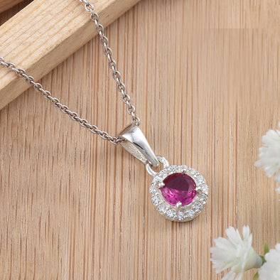 Classic 0.50 Carat Round Ruby Halo Neckalce 925 Sterling Silver