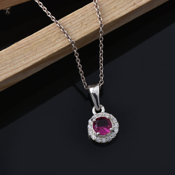 Classic 0.50 Carat Round Ruby Halo Neckalce 925 Sterling Silver