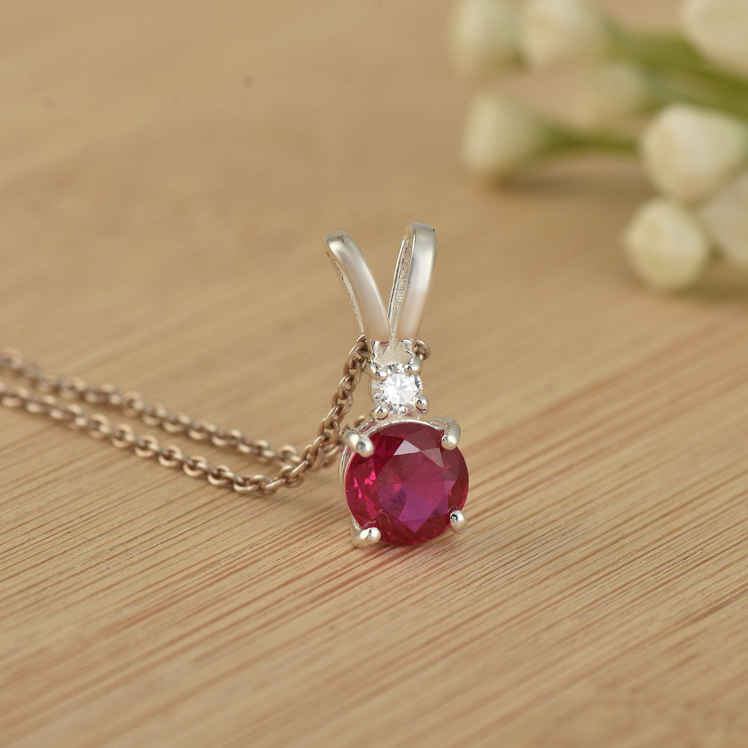 0.75 Carat Round Ruby Solitaire Pendant Necklace 925 Sterling Silver