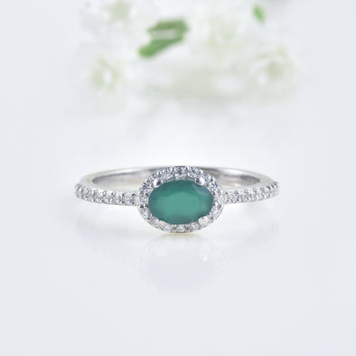 0.50 Ct Oval Green Onyx Halo Ring 925 Sterling Silver