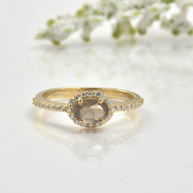 0.50 Ct 6×4 mm Oval Smoky Quartz Halo Ring 925 Sterling Silver Yellow Plated
