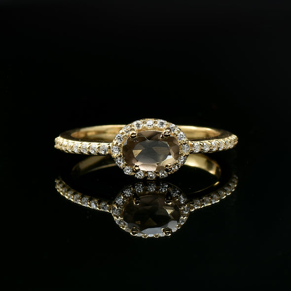 0.50 Ct 6×4 mm Oval Smoky Quartz Halo Ring 925 Sterling Silver Yellow Plated