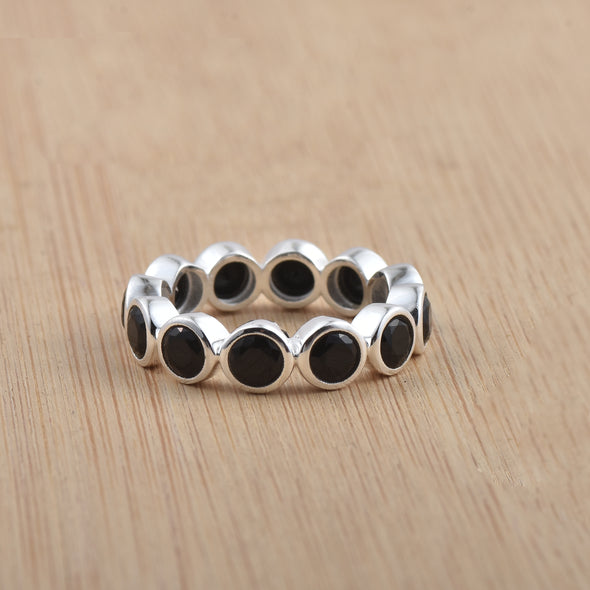 3.5 Ct Round Black Onyx Bezel Set Eternity Ring 925 Sterling Silver