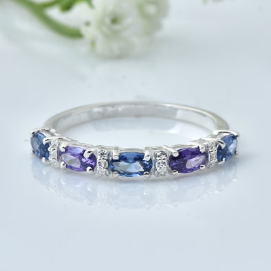 1.25 Ct Oval London Blue Topaz & Amethyst Half Eternity Ring 925 Sterling Silver