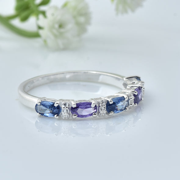 1.25 Ct Oval London Blue Topaz & Amethyst Half Eternity Ring 925 Sterling Silver