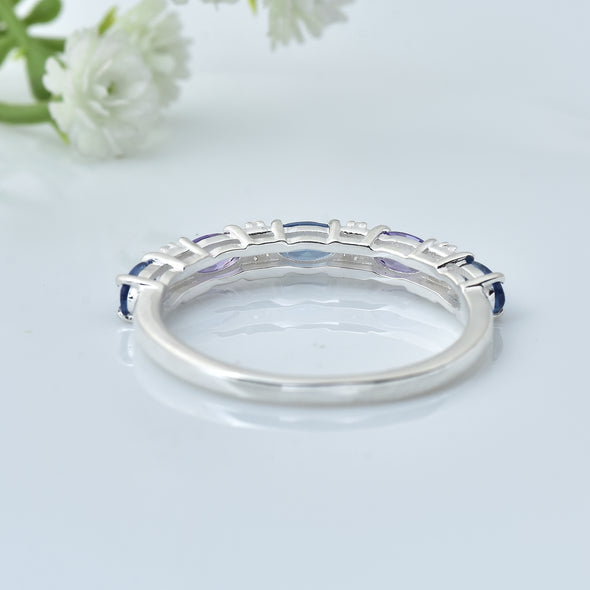 1.25 Ct Oval London Blue Topaz & Amethyst Half Eternity Ring 925 Sterling Silver