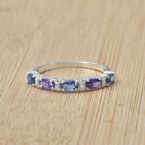 1.25 Ct Oval London Blue Topaz & Amethyst Half Eternity Ring 925 Sterling Silver