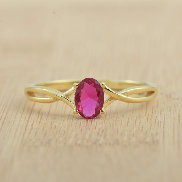 1.00 Ct Oval Ruby Solitaire with Twisted Split Shank Ring 925 Sterling Silver Yellow Plated