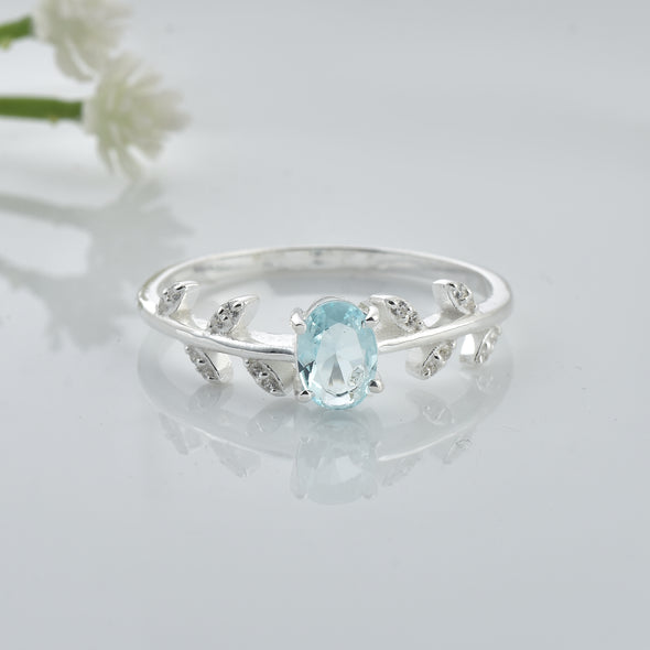 1.00 Ct Oval Swiss Blue Topaz Nature-Inspired Vintage Vine Ring 925 Sterling Silver