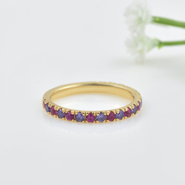 0.63 Carat Round Cut Ruby & Amethyst Eternity Ring 925 Sterling Silver Gold Plated